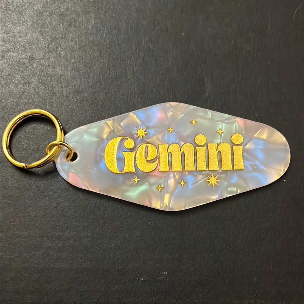 Gemini Iridescent Keychain with Gold Accents